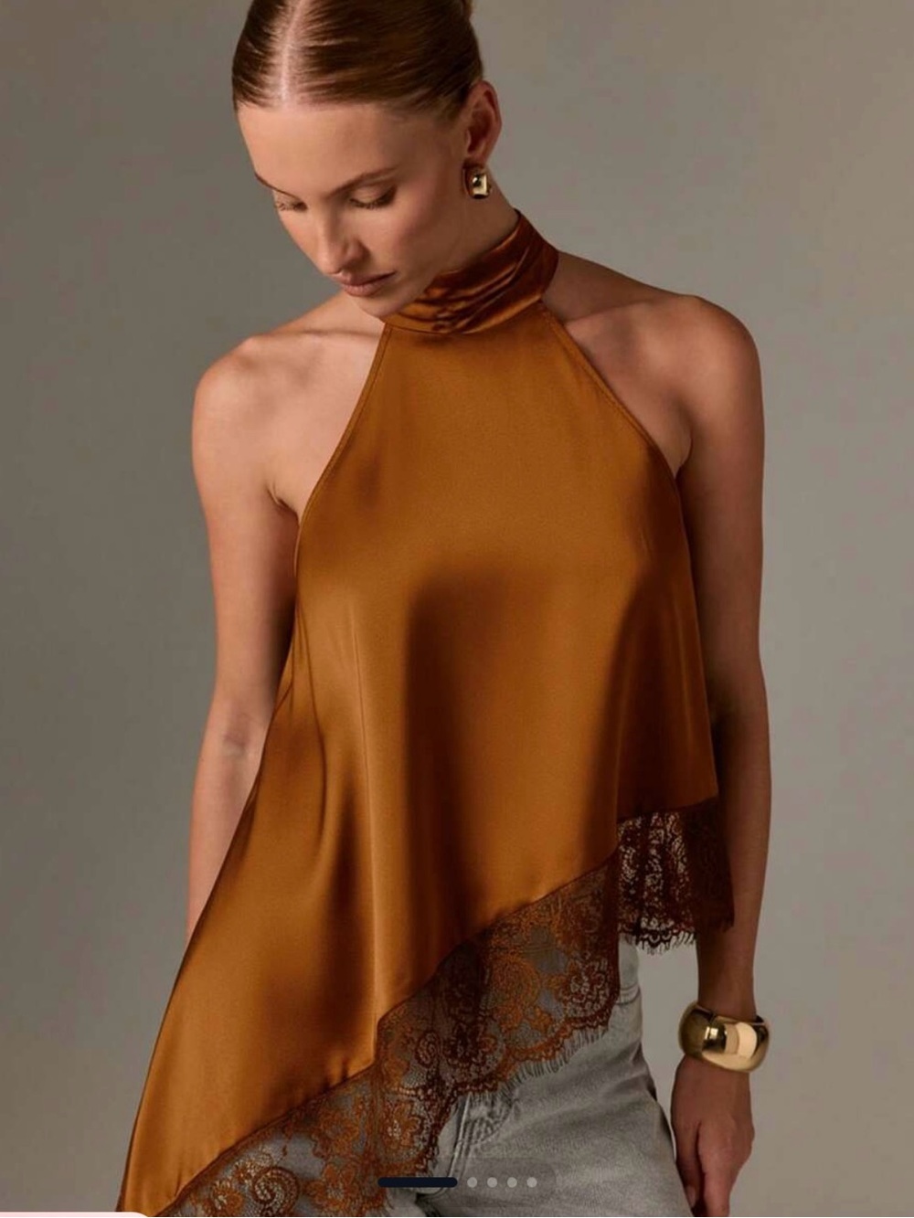 Satin Halter Asymmetric Lace-Trim Top in Bronze